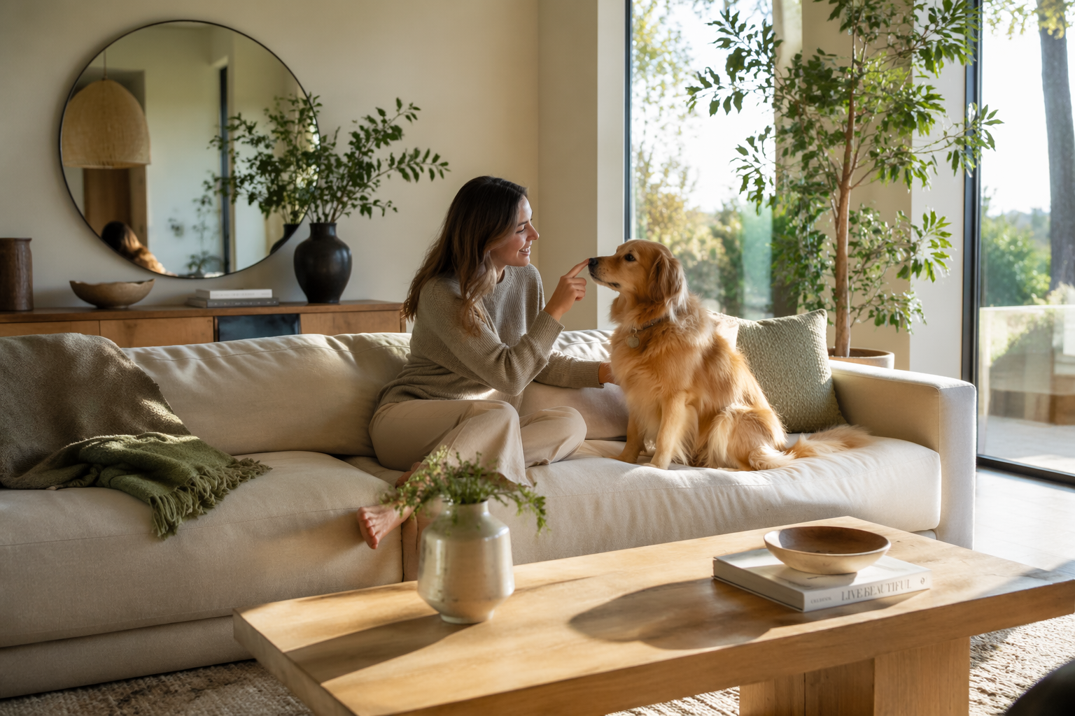 A woman in a cozy living room sits on a beige sofa, feeding a golden retriever dog. The room features a light wood coffee table, a large round mirror, and tall potted plants near tall windows.